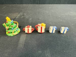 lot 86 image: Miniature Dollhouse Christmas Tree and Present Shaped Ceramic Candle Holders Set of 5