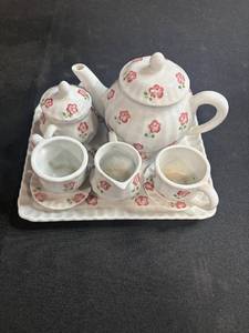 lot 91 image: Vintage Porcelain Miniature Tea Set with Pink Floral Design