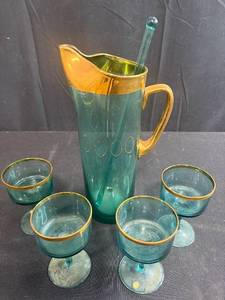 lot 93 image: Vintage Green Glass Pitcher Set with 4 Goblets and Stirrer, Gold Trim