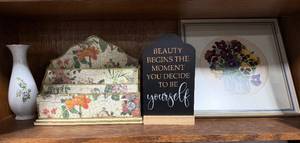 lot 106 image: Decorative Home Decor Set with Vase, Letter Holder, Framed Floral Art, and Inspirational Plaque