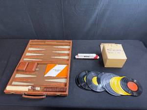 lot 110 image: Vintage Backgammon Set, Model Train Engine, and 78 RPM Childrens Records Collection