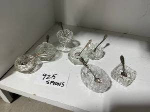 lot 119 image: Collection of Vintage Glass Salt Cellars with Sterling Spoons