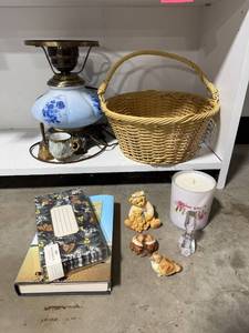 lot 120 image: Vintage Blue Floral Lamp, Basket, Books, Candle, and Figurines Assortment