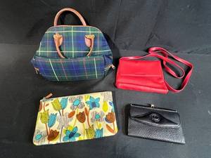 lot 129 image: Set of 4 Designer Bags and Wallets Dooney & Bourke, Fossil, Liz Claiborne, Red Shoulder Bag, and Pendleton Plaid Tote