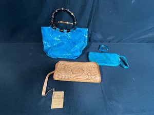 lot 131 image: Set of 3 Handbags Cliftons Hand Tooled Leather Clutch and 2 Floral Patterned Blue Bags
