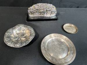 lot 135 image: Collection of 4 Silver and Metal Tableware Items with Decorative City Sculpture