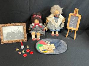 lot 142 image: Vintage Schoolhouse Theme Set with Handmade Dolls, Framed Photo, and Accessories