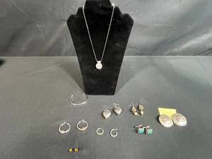 lot 168 image: Collection of Vintage and Silver Tone Jewelry Signed Earrings, Turquoise Cufflinks, Heart Earrings, More - display not inc