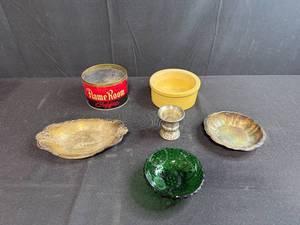 lot 191 image: Vintage Mixed Decor Lot with Coffee Tin, Glass Bowls, Silverplate and Stoneware