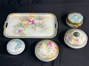 lot 193 image: Antique German Porcelain Vanity Set with Floral Motif w Decorative Tray & Hair Receiver
