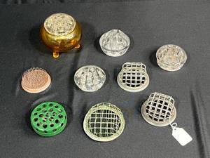 lot 207 image: Collection of Vintage FlowerPin Frogs Glass, Metal, and Ceramic