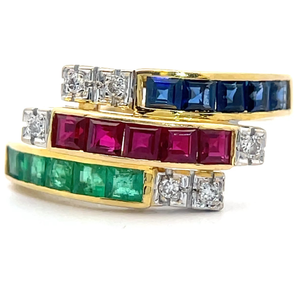 lot 8 image: Natural Emerald, Ruby, Blue Sapphire & Diamond Zig-Zag Triple Stack Estate Ring in 18k Gold VIDEO