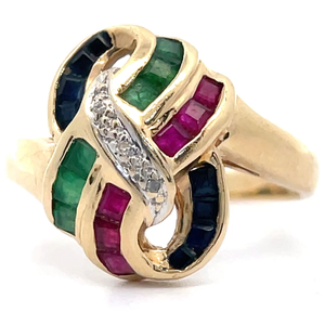 lot 9 image: Natural Ruby, Blue Sapphire, Emerald & Diamond Ribbon Bow-Tie Ring in 14k Gold VIDEO