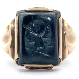 lot 22 image: Mens Black Onyx Carved Warrior Tablet Ring in Yellow Gold VIDEO
