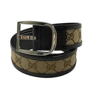 lot 20D image: Gucci GG Canvas Belt with Black Leather Trim 8534 Pre-Owned Retail $450