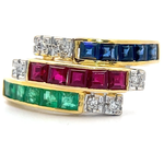 Natural Emerald, Ruby, Blue Sapphire & Diamond Zig-Zag Triple Stack Estate Ring in 18k Gold *VIDEO*