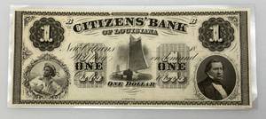 lot 101 image:  1860 1 Dollar Bill Citizens Bank Of Louisiana New Orleans Bank Note In Protective Sleeve