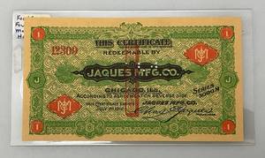 lot 102 image: 1912 Jaques Mfg. Co. Food Coupon Certificate (In Protective Sleeve)