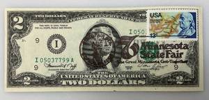 lot 108 image: 1976 Uncirculated $2 Dollar Bill Bicentennial 1st Day Stamp  76 Minnesota State Fair Ink Stamp (In Protective Sleeve)