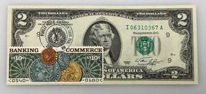 lot 109 image: 1976 Uncirculated $2 Dollar Bill Bicentennial 1st Day Stamp  Pioneer Postal Emporium Ink Stamp (In Protective Sleeve)