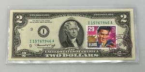 lot 111 image: 1976 Uncirculated $2 Dollar Bill Bicentennial 1st Day Stamp  Elvis With St Paul Stamp (In Protective Sleeve)