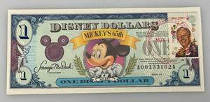 lot 115 image: VERY RARE 1993 Series DISNEY Dollars Mickeys 65th One Dollar Note With Walt Disney 6 Cent Stamp And Ink Postal Stamp Uncirculated (In Protective Sleeve)