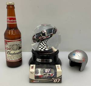 lot 176 image: Collectible Dale Earnhardt & Earnhardt Jr. Items Including Dale Earnhardt Snow Globe, Dale Earnhardt Jr. Budweiser Bottle With Miniature Die Cast Car Inside And More