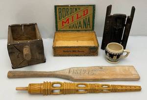 lot 217 image: Misc. Vintage And Primitive Wood Items Including Grain Scoop And More