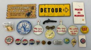 lot 232 image: Vintage Collectible Political Buttons, Miniature License Plate Charm And More