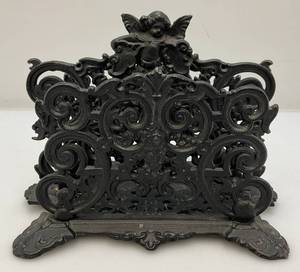 lot 234 image: Antique Ornate Black Cast Iron NapkinLetter Holder With Angel Cherub
