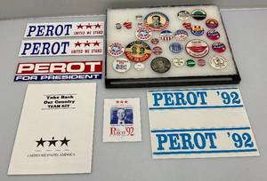 lot 238 image: Vintage Collection Of Political Buttons And Bumper Stickers In Glass Front Display Case