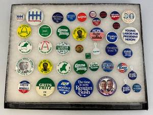lot 239 image: Vintage Collection Of Political Buttons In Glass Front Display Case