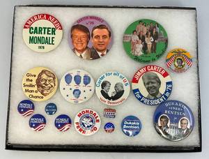lot 240 image: Vintage Collection Of Political Buttons In Glass Front Display Case
