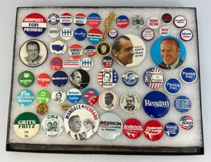 lot 242 image: Vintage Collection Of Political Buttons In Glass Front Display Case