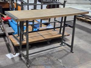 lot 215 image: Industrial style Wood Top  Metal Bar Table 71 x 25 12 x 43