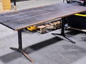 lot 217 image: Black Walnut Finish Live Edge Wood Pedestal Table with Metal Wishbone Legs 6-12 x 3 x 29.5
