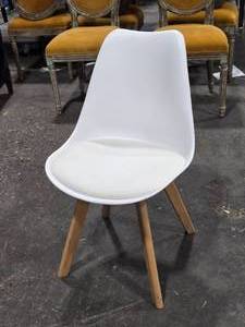lot 248 image: Mid-Century Modern Dining Chair with White Plastic Shell Seat , White Faux Leather Cushion and Beech Wood Legs