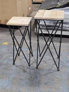 lot 255 image: Lot of (2) Side Tables Distressed Wood Top  Metal Frame