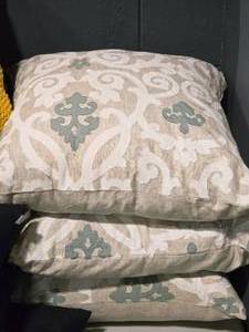 lot 297 image: Lot of (3) 20 Linen Covered Throw Pillow by Z Gallerie (tanbeigeteal)