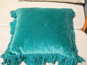 lot 301 image: Lot of (3) 16 Suede Covered Throw Pillow with Tassle Edging (teal)