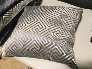 lot 316 image: 17 Covered Throw Pillow with Velvet Greek Key Cut design (greygold)