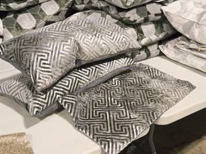 lot 322 image: Lot of (2) Covered Throw Pillow - Manipur by Designers Guild with Velvet Greek Key Cut design 24 x 13 (greygold) and (1)  Matching Pillow Cover