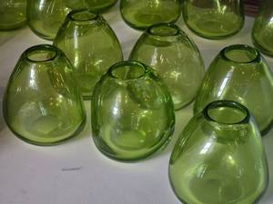 lot 421 image: Lot of (6) Handblown Art Glass Table Vases by Holmegaard 4 x 4 (green) (rounded triangle)