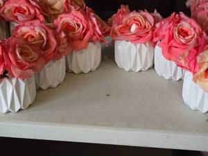 lot 437 image: Lot of (6) Silk Faux Rose Boquet Arrangement in White Ceramic Vase (pink)