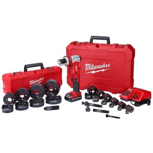 lot 37 image: NEW - Milwaukee M18 18V Lithium-Ion 12 in. to 4 in. Force Logic 6-Ton Cordless Knockout Tool Kit with Die Set, One 2.0Ah Batteries