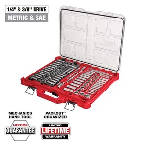 lot 84 image: Milwaukee 38 in. and 14 in. Drive SAEMetric Ratchet and Socket Mechanics Tool Set with PACKOUT Case (106-Piece)