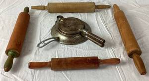 lot 45 image: Vintage Scandinavian Krumkake Iron and Vintage Wood Rolling Pins
