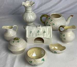 lot 8 image: Belleek Pottery Ireland Collection Featuring Shamrock, Lotus Blossom and Cleary Pieces
