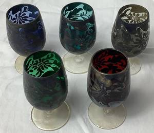 lot 22 image: Vintage Set of 5 Italian Colorful Silver Overlay Cordial Glasses
