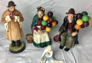 lot 23 image: Royal Doulton Figurines - Lamping Time, Old Balloon Seller, The Balloon Man and My Pet